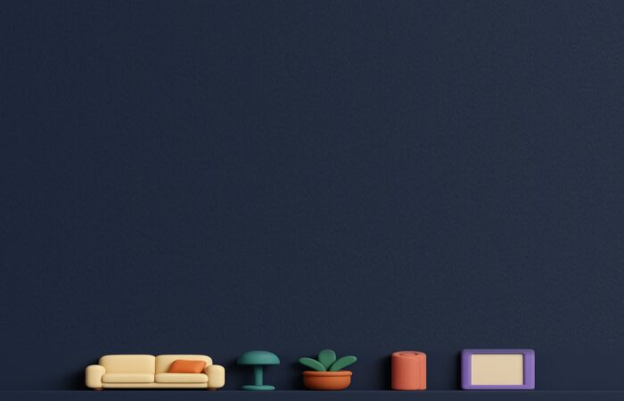 Illustration : mobilier stylise aligne en bas d'un mur bleu nuit, symbole de l'amenagement interieur genere par IA