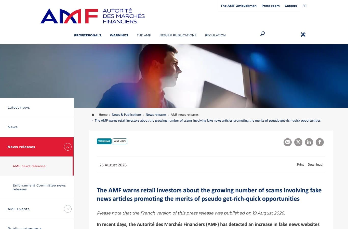 Screenshot of the AMF warning against fake news articles promoting a fraudulent trading platform