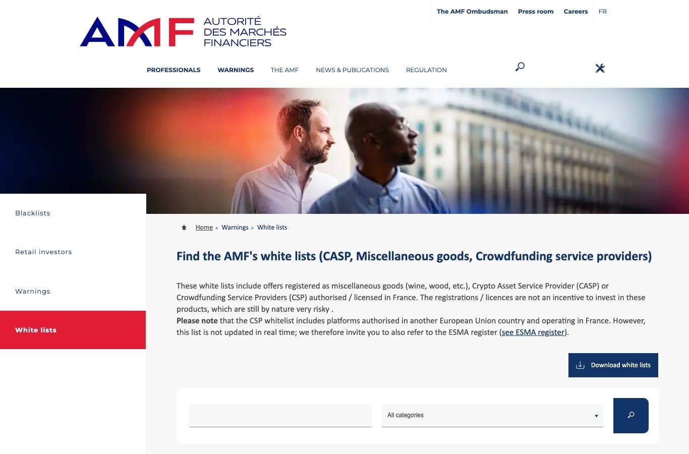 Screenshot of the AMF white lists page, where authorized crypto-asset providers can be checked