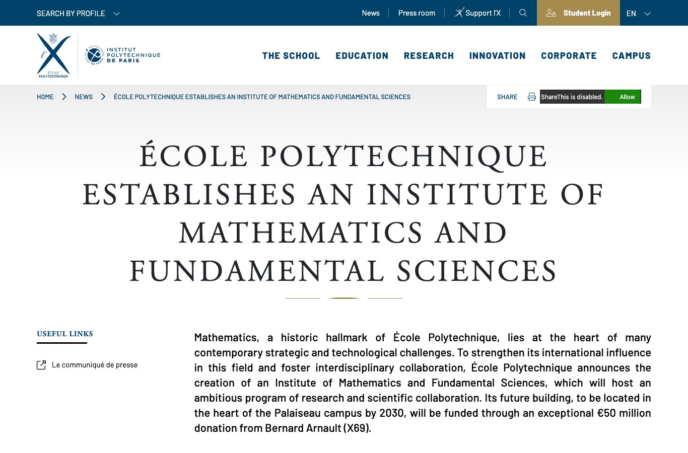 Screenshot of École Polytechnique's English announcement: an Institute of Mathematics funded by an exceptional EUR 50 million donation from Bernard Arnault (X69), by 2030