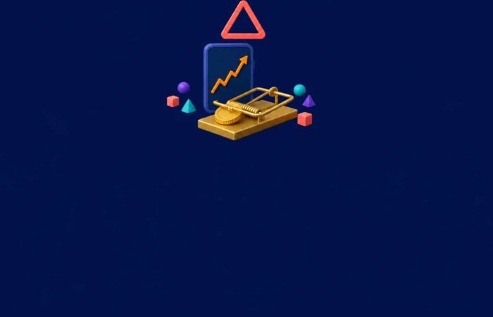 A phone displaying a gains chart, a golden mousetrap closed on a coin and a warning triangle: an illustration of fake investment ads using Bernard Arnault’s name