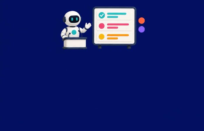 3D illustration of a robot presenting AI-generated slides on a large screen, on a navy blue background