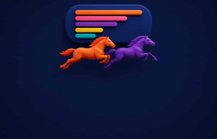 3D illustration of two stylized racehorses in front of a panel of colorful data bars on a navy blue background