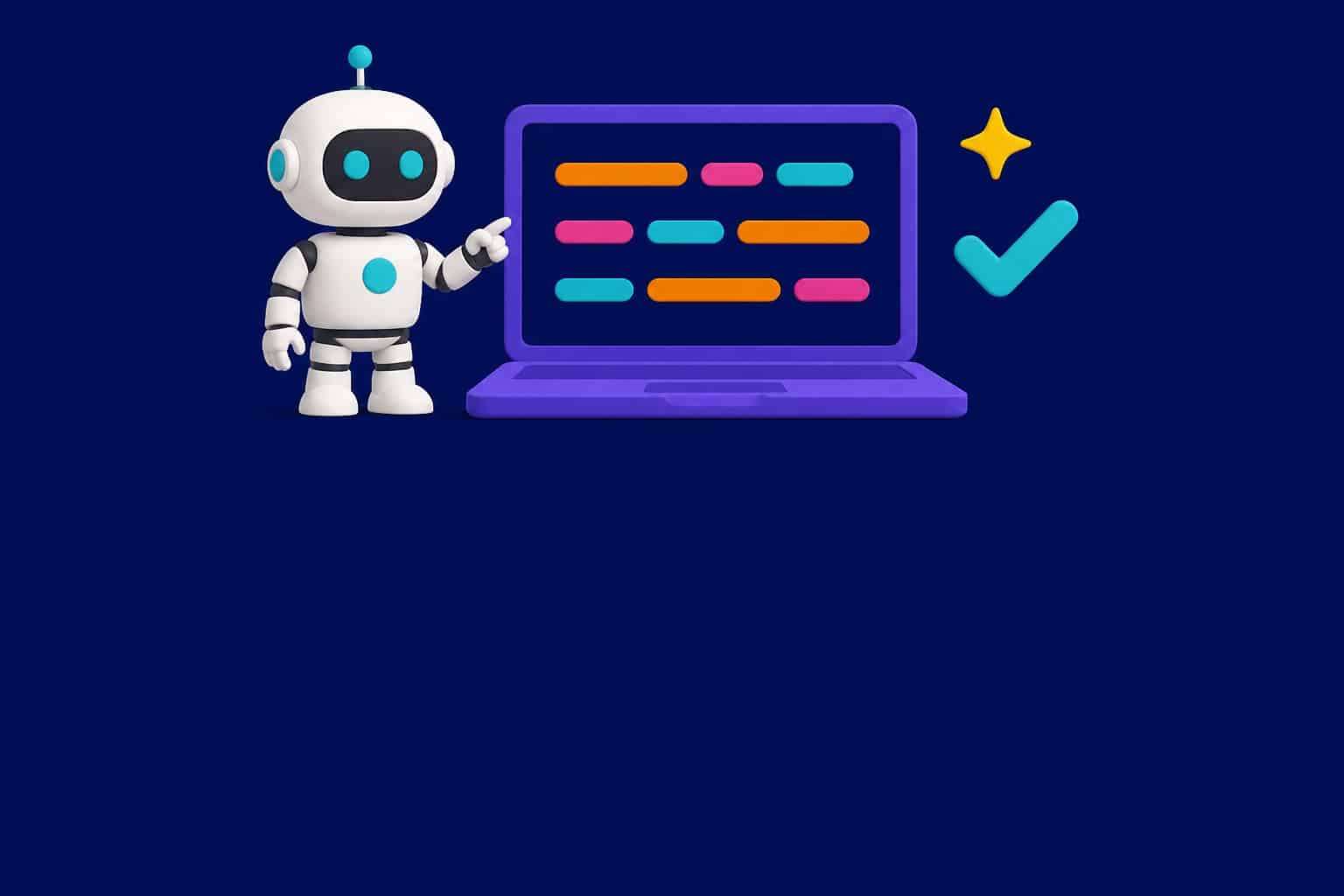 Robot IA de Nation à côté d'un ordinateur portable qui affiche des lignes de code colorées : illustration de la meilleure IA pour coder en 2026