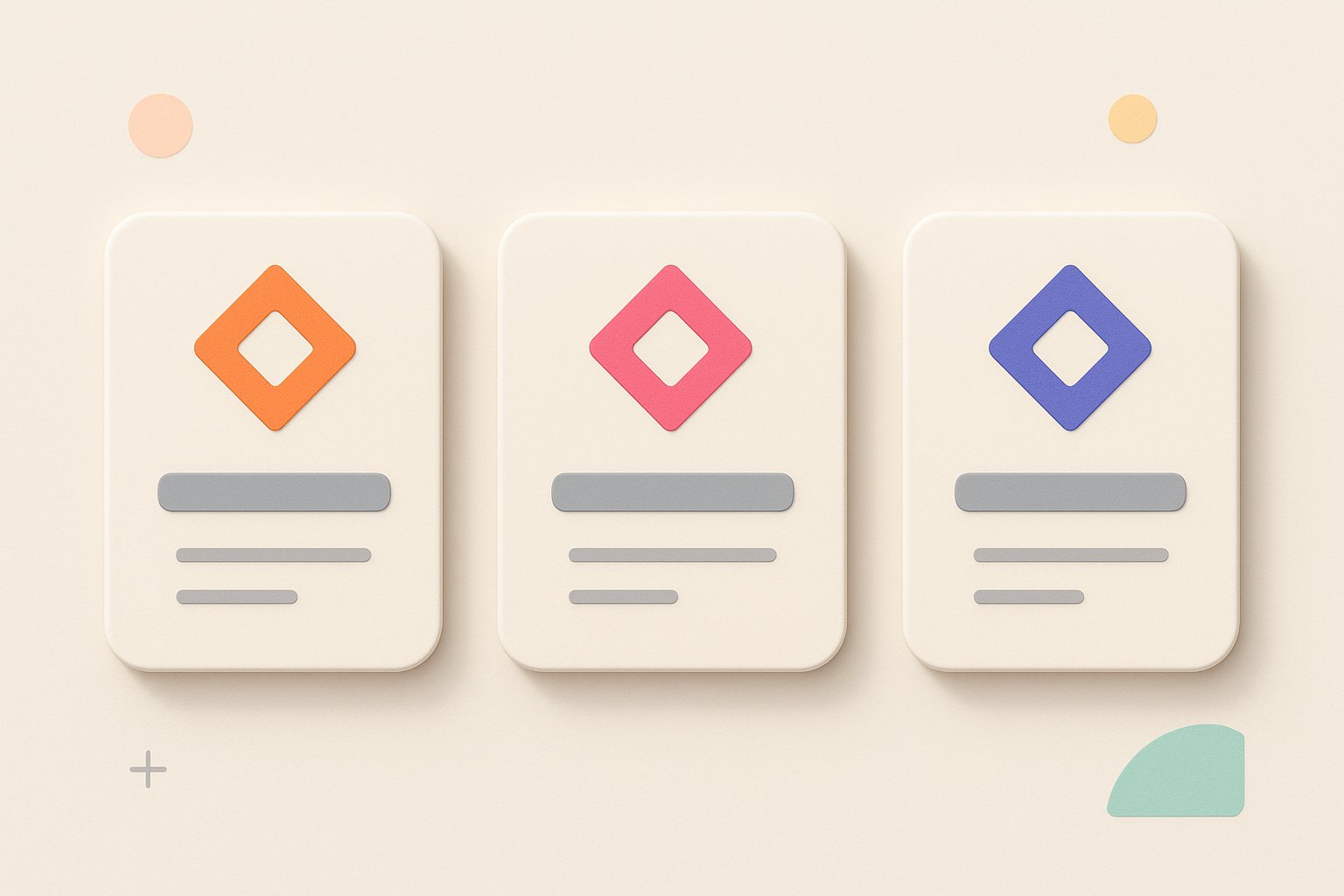 Three profile cards with the same geometric avatar in different colors: the consistency of an online brand identity