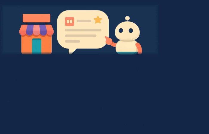 Illustration of a brand storefront cited in an AI answer engine response, assistant robot and chat bubble on a navy background
