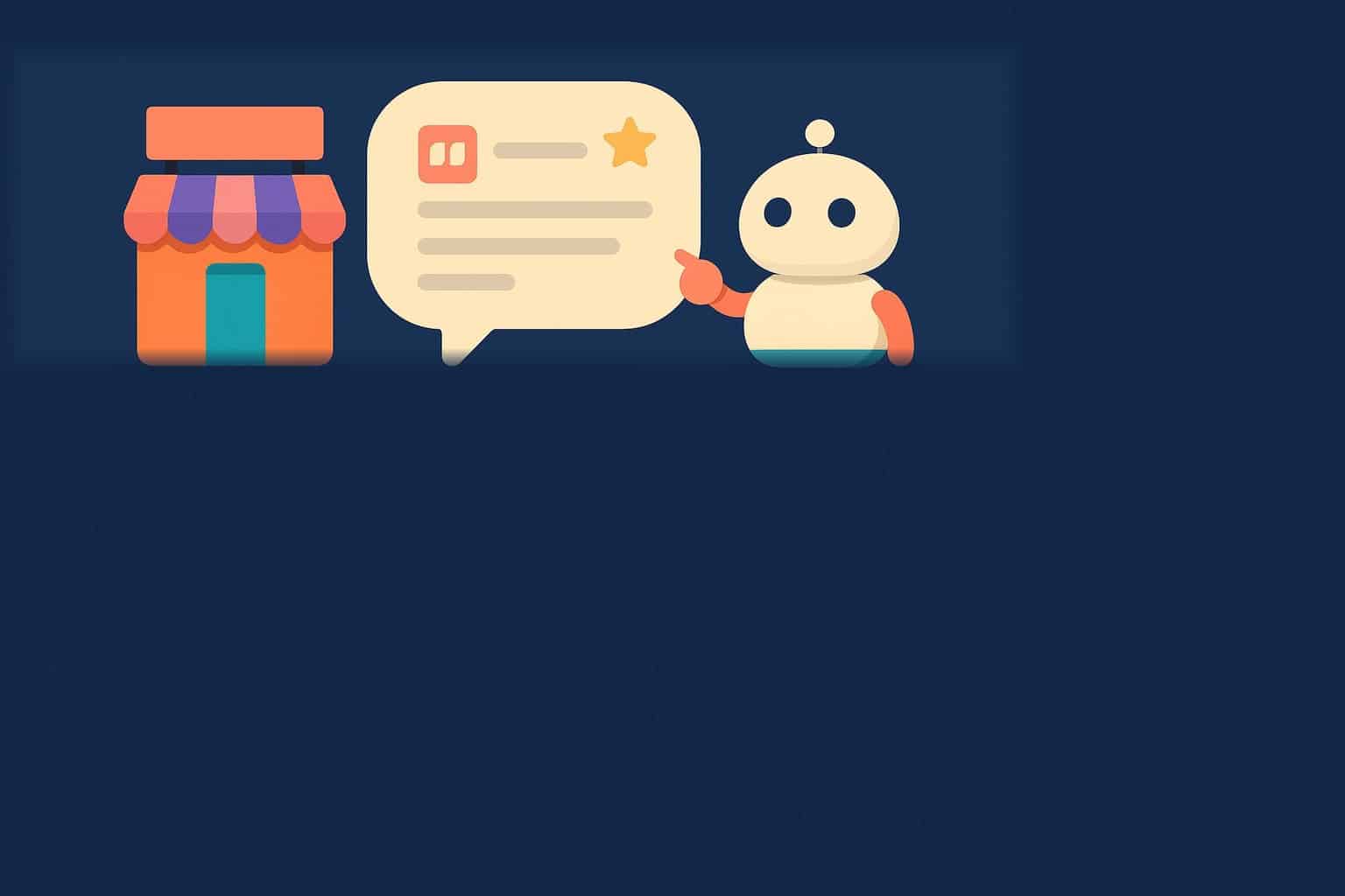 Illustration of a brand storefront cited in an AI answer engine response, assistant robot and chat bubble on a navy background