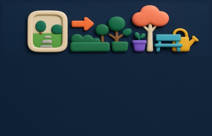 3D clay illustration of a garden photo turned into a landscaping design with a hedge, tree, bench and watering can