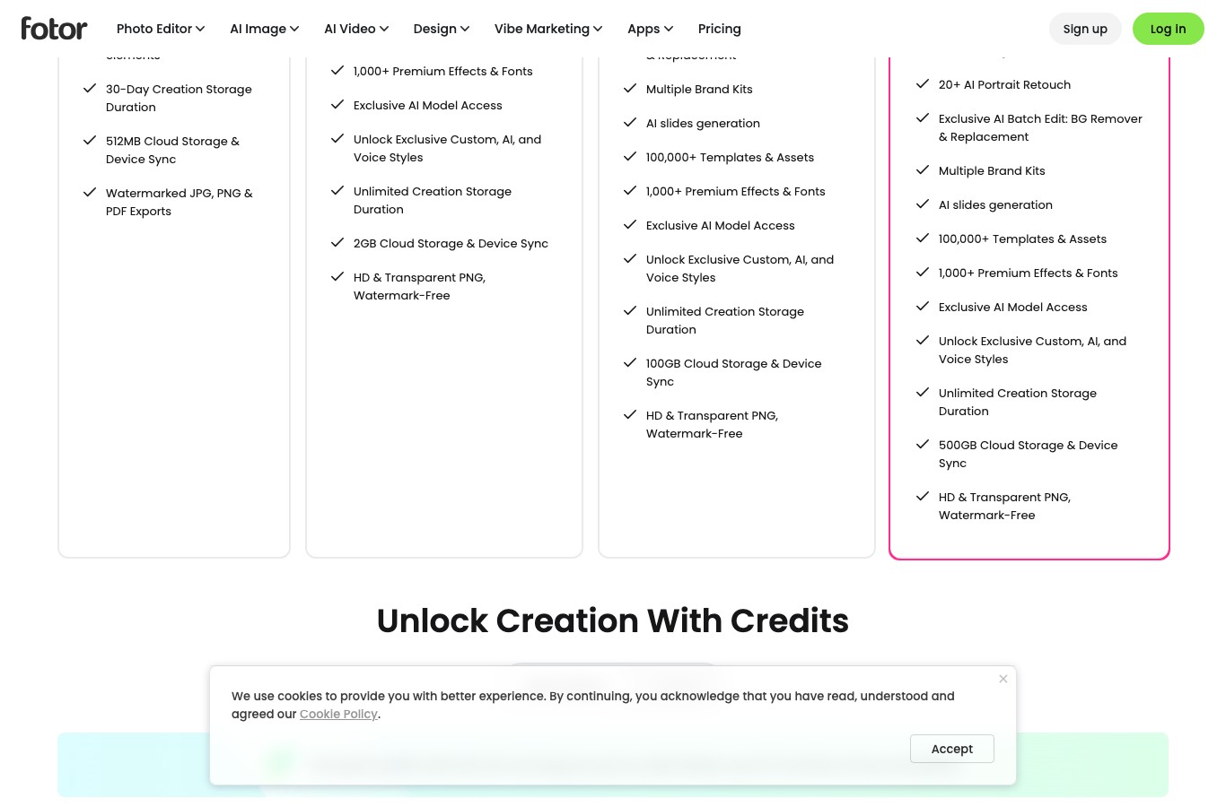 Basic column of Fotor: thirty days of creation storage and JPG, PNG and PDF exports with watermark