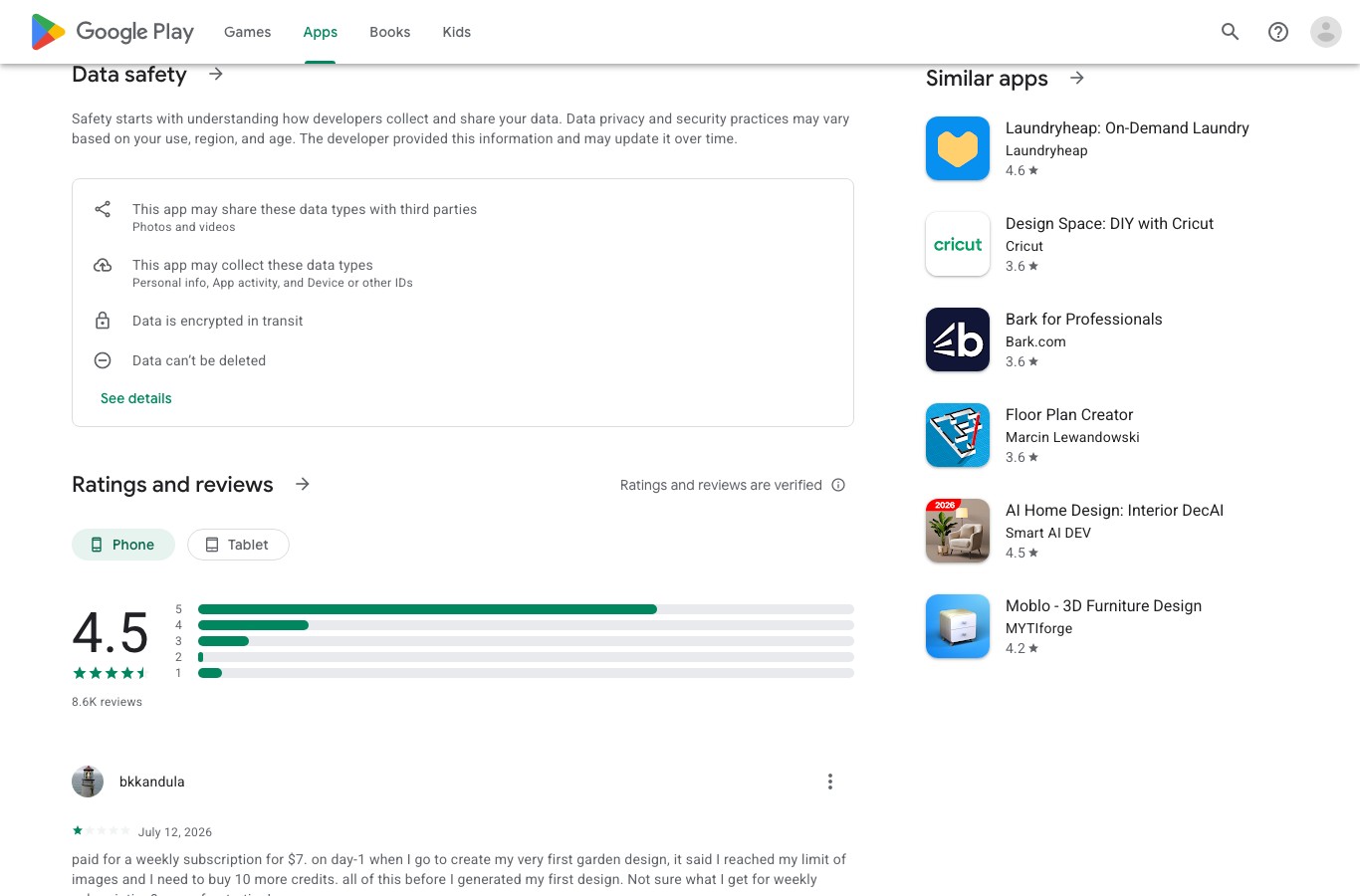Data safety card on the Google Play listing for Garden AI showing that photos and videos may be shared with third parties