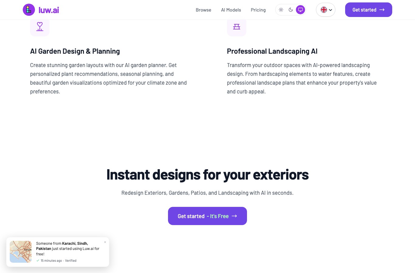 Luw.ai page promising personalized plant recommendations and visualizations optimized for your climate zone