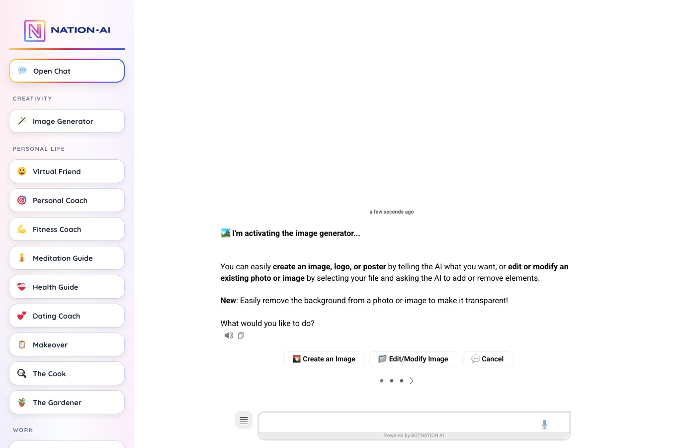 Nation AI interface offering to create an image or edit an existing photo, with a Gardener assistant in the menu