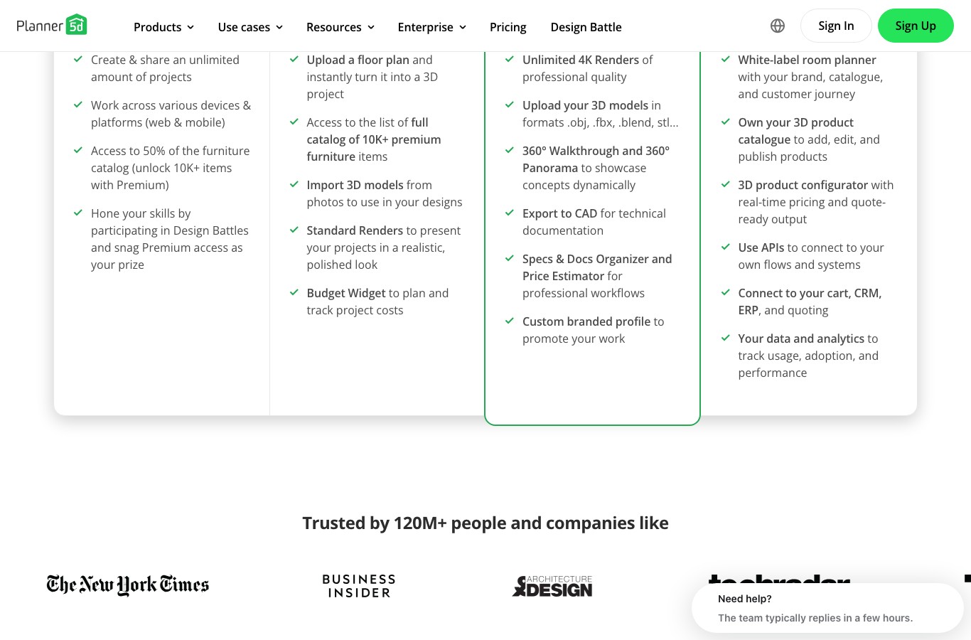 Planner 5D pricing: the free plan gives unlimited projects, the AI design generator starts on the Premium plan