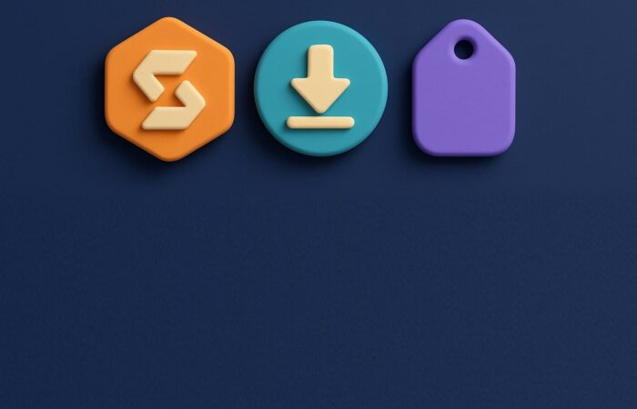 A 3D logo emblem, download button and price tag on a midnight blue background