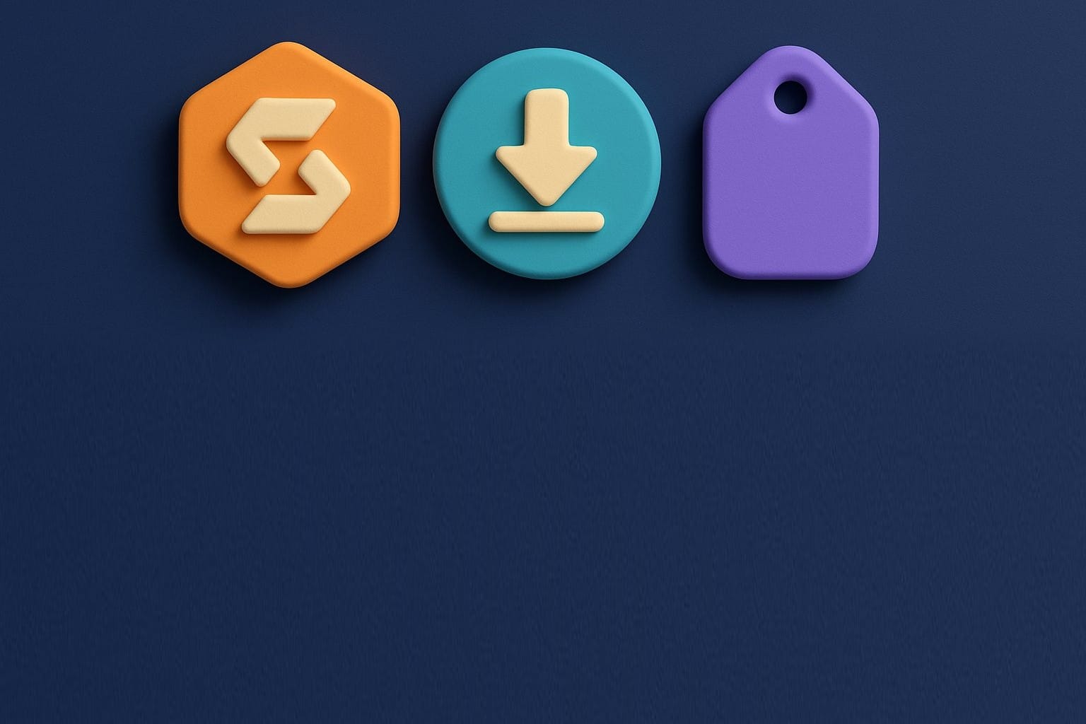 Emblème de logo, bouton de téléchargement et étiquette de prix en 3D sur fond bleu nuit