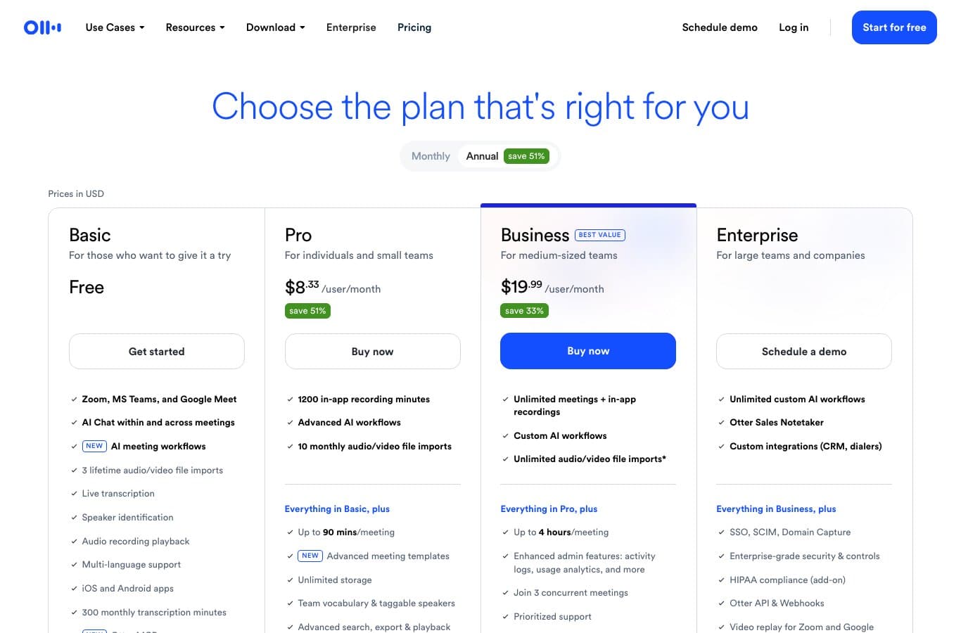 Otter pricing page: free Basic plan with 300 transcription minutes a month