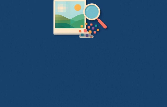 Illustration of an image whose quality is improved by AI: a blurry pixelated photo becomes sharp, with a magnifying glass and colorful pixels on a navy blue background