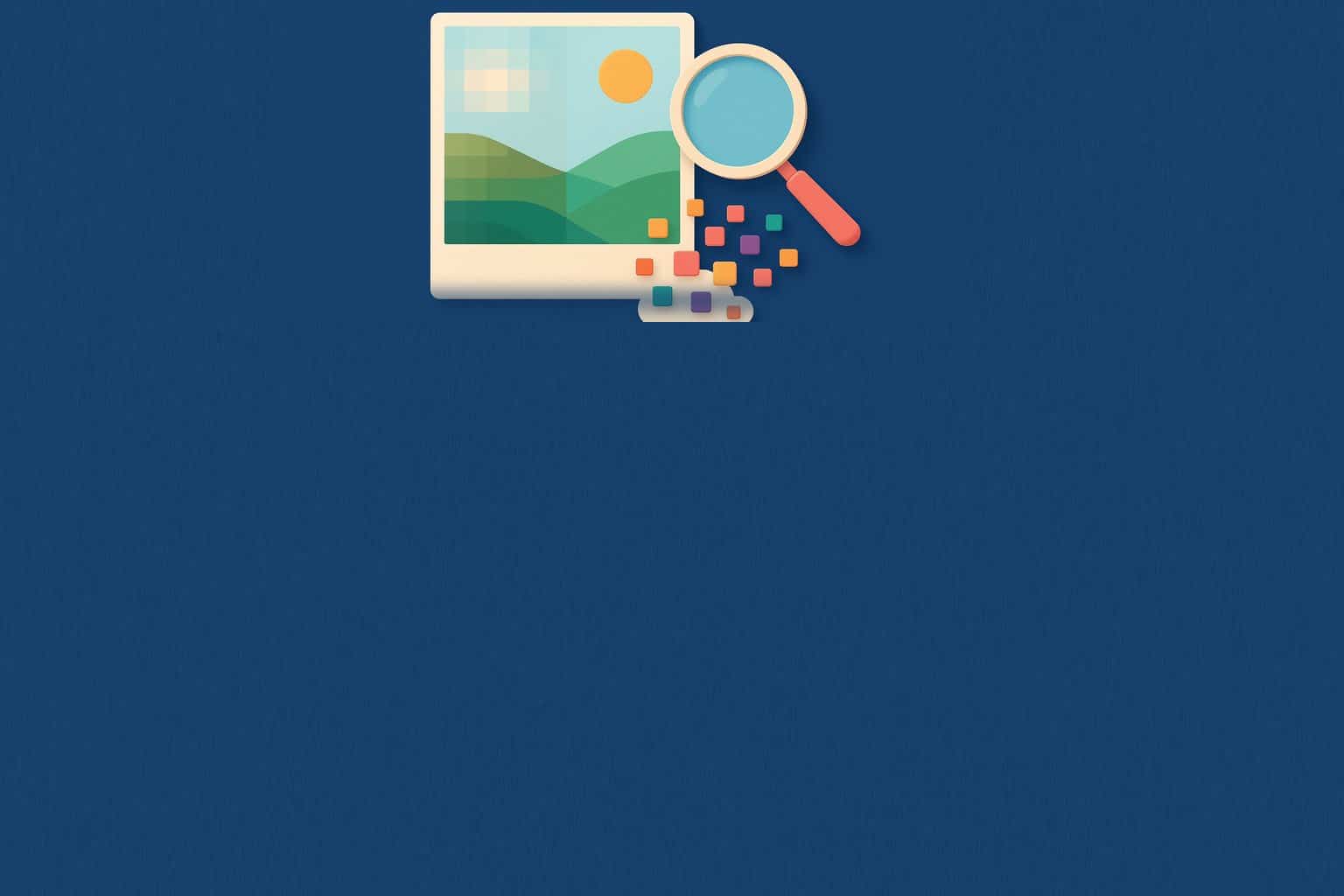 Illustration of an image whose quality is improved by AI: a blurry pixelated photo becomes sharp, with a magnifying glass and colorful pixels on a navy blue background