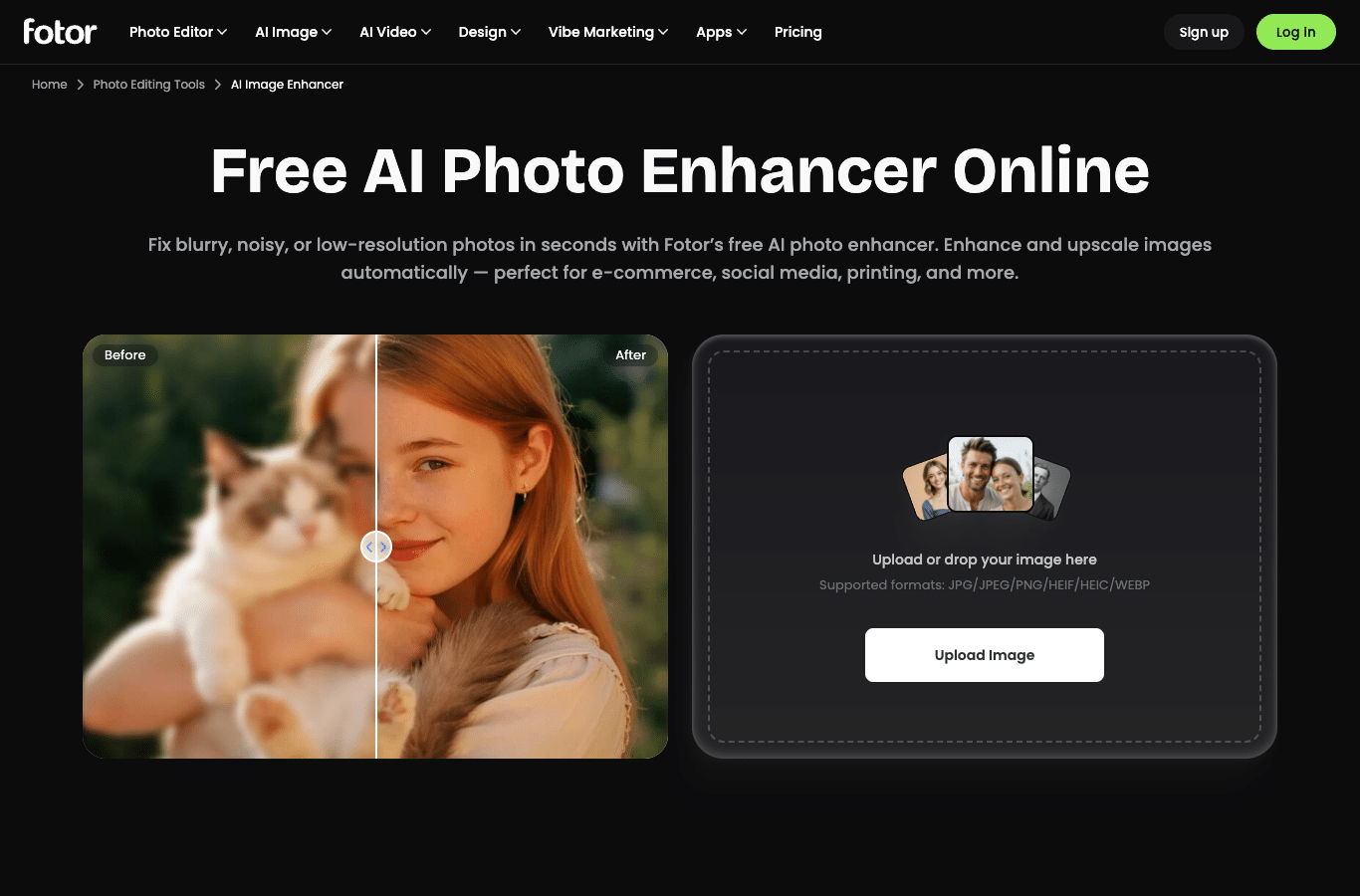 Fotor AI Image Enhancer page in English: fix blurry photos in seconds, 2x or 4x upscaling, no watermarks