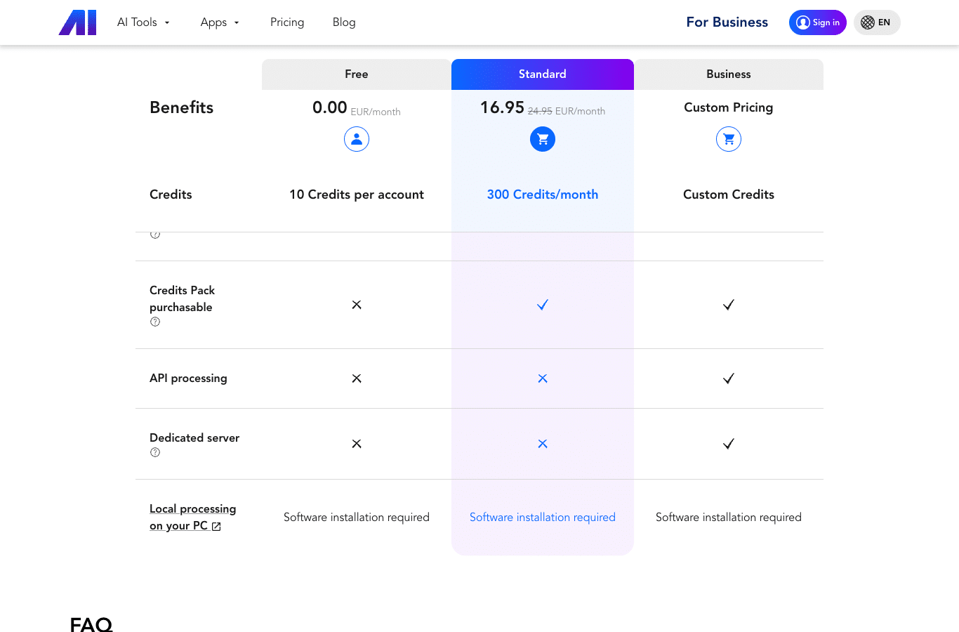 Nero AI pricing page in English: free plan at 0 EUR per month with 10 one-time credits, Standard plan at 16.95 EUR per month