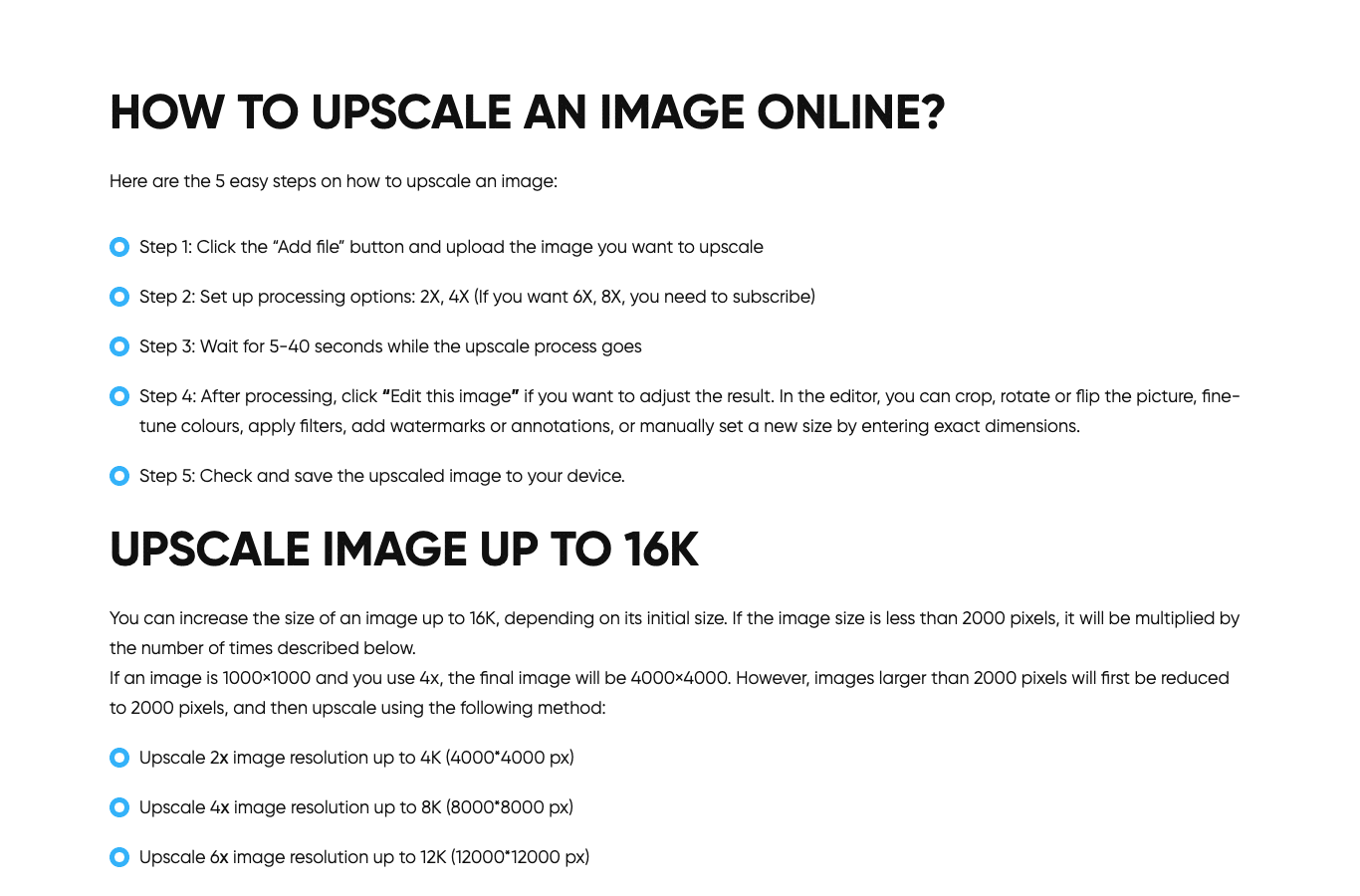 Image Upscaler page in English: upscaling factors from 2x to 8x and FAQ mentioning 5 free credits per month for registered users