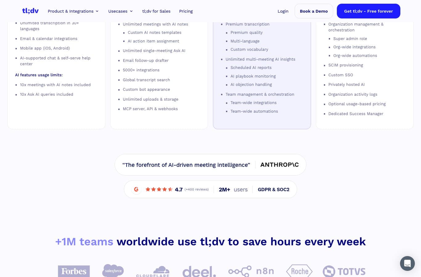 tl;dv pricing page in English: free plan at 0 euros with limits on AI notes