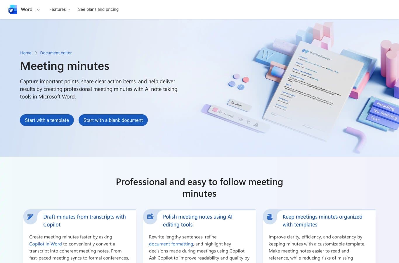 Official Microsoft Word page: free meeting minutes creation tool
