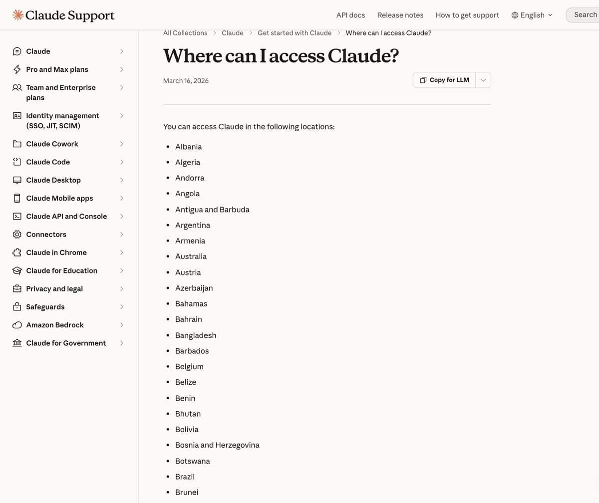 Anthropic's official help page listing the countries where Claude can be accessed, updated on March 16, 2026