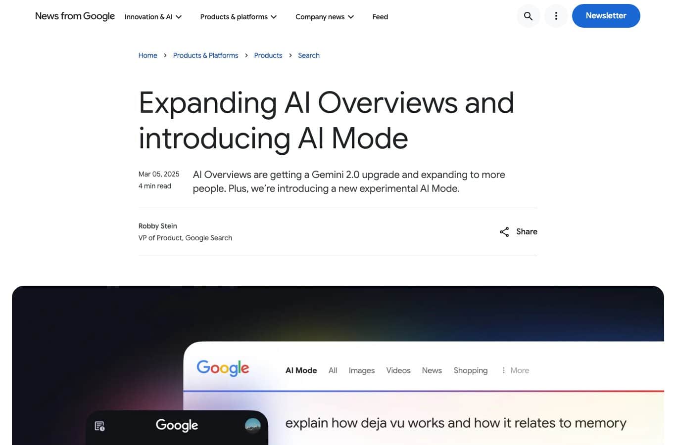 Screenshot of the official Google blog article announcing AI Overviews expansion and the introduction of AI Mode on March 5, 2025