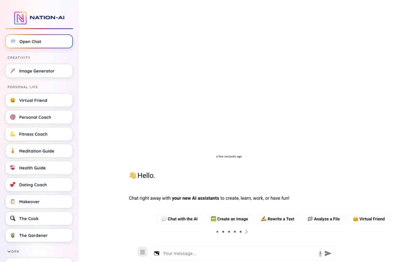 Screenshot of the Nation AI chat interface, fully in English, with its guided prompt buttons