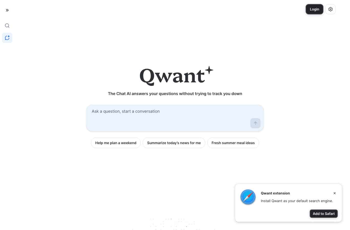 Screenshot of the Qwant Chat AI page: question field in English and prompt examples