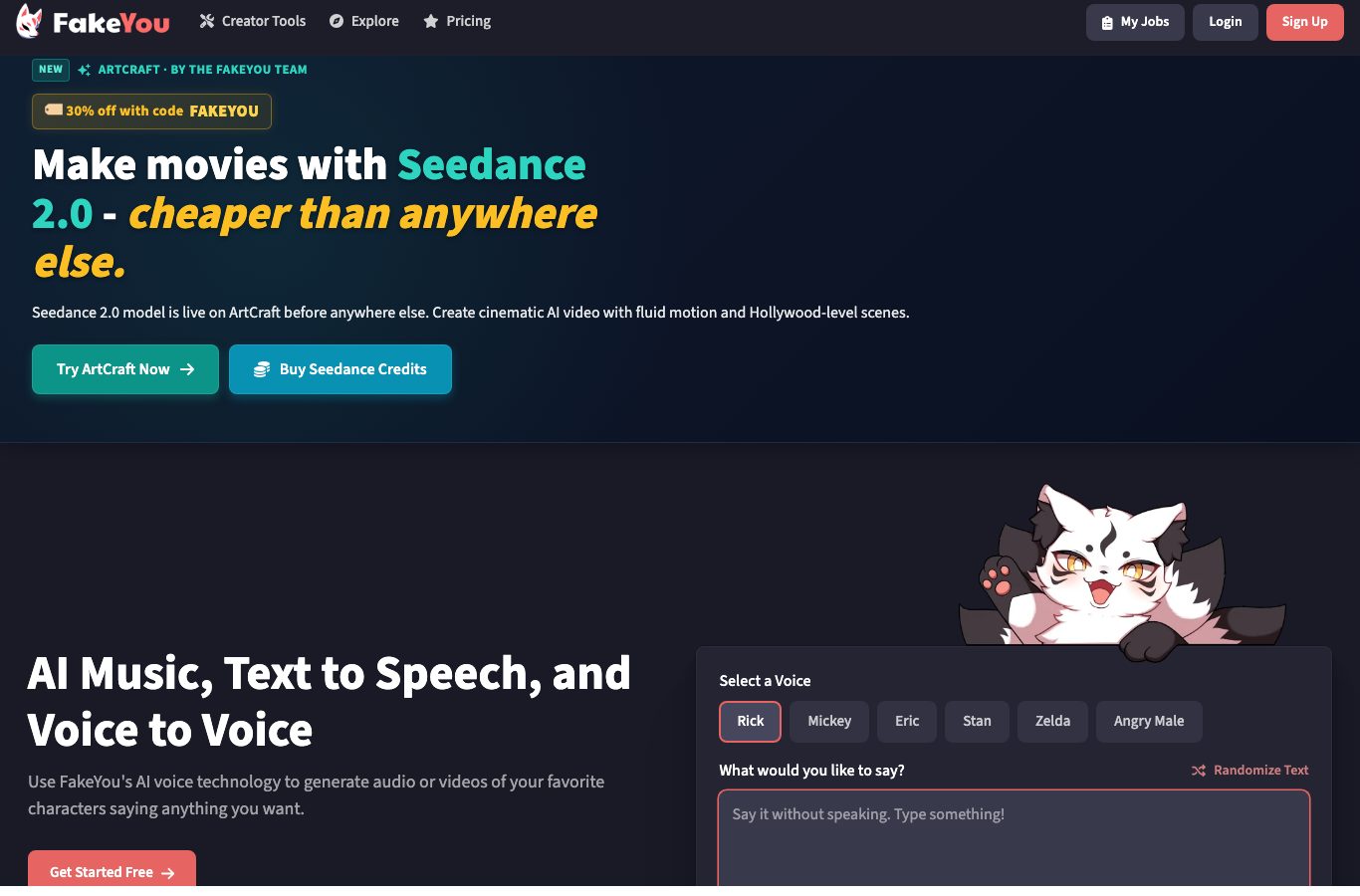 Capture of FakeYou: AI Music, Text to Speech and Voice to Voice, get started free