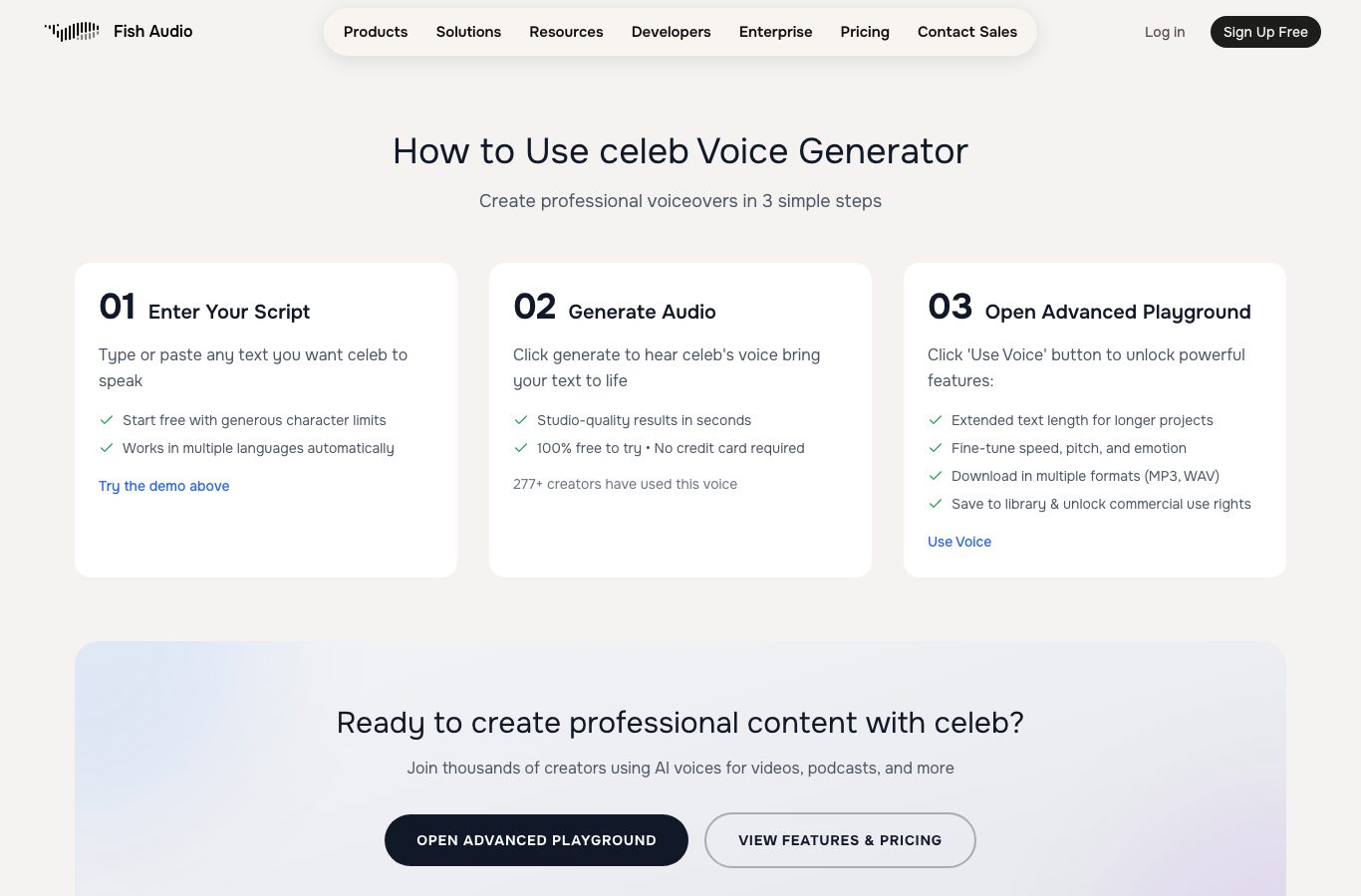 Capture of the Fish Audio celeb voice generator in English: 100% free to try, no credit card required