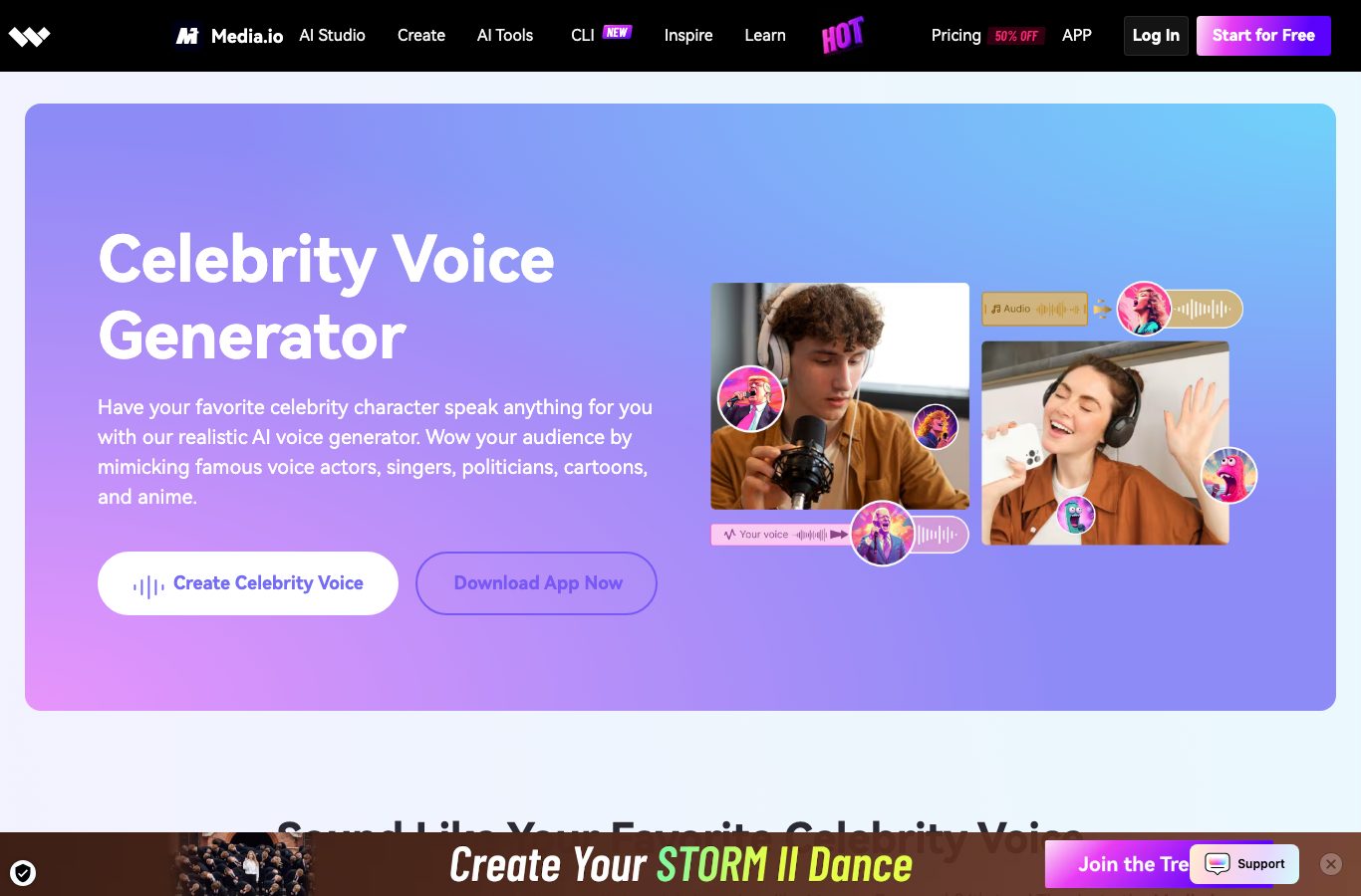 Capture of the Media.io Celebrity Voice Generator in English