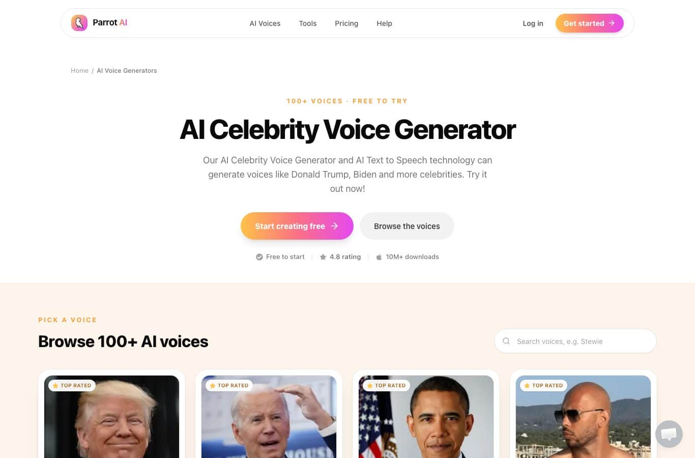 Capture of Parrot AI: AI Celebrity Voice Generator with 100+ voices including Donald Trump, Biden and Obama