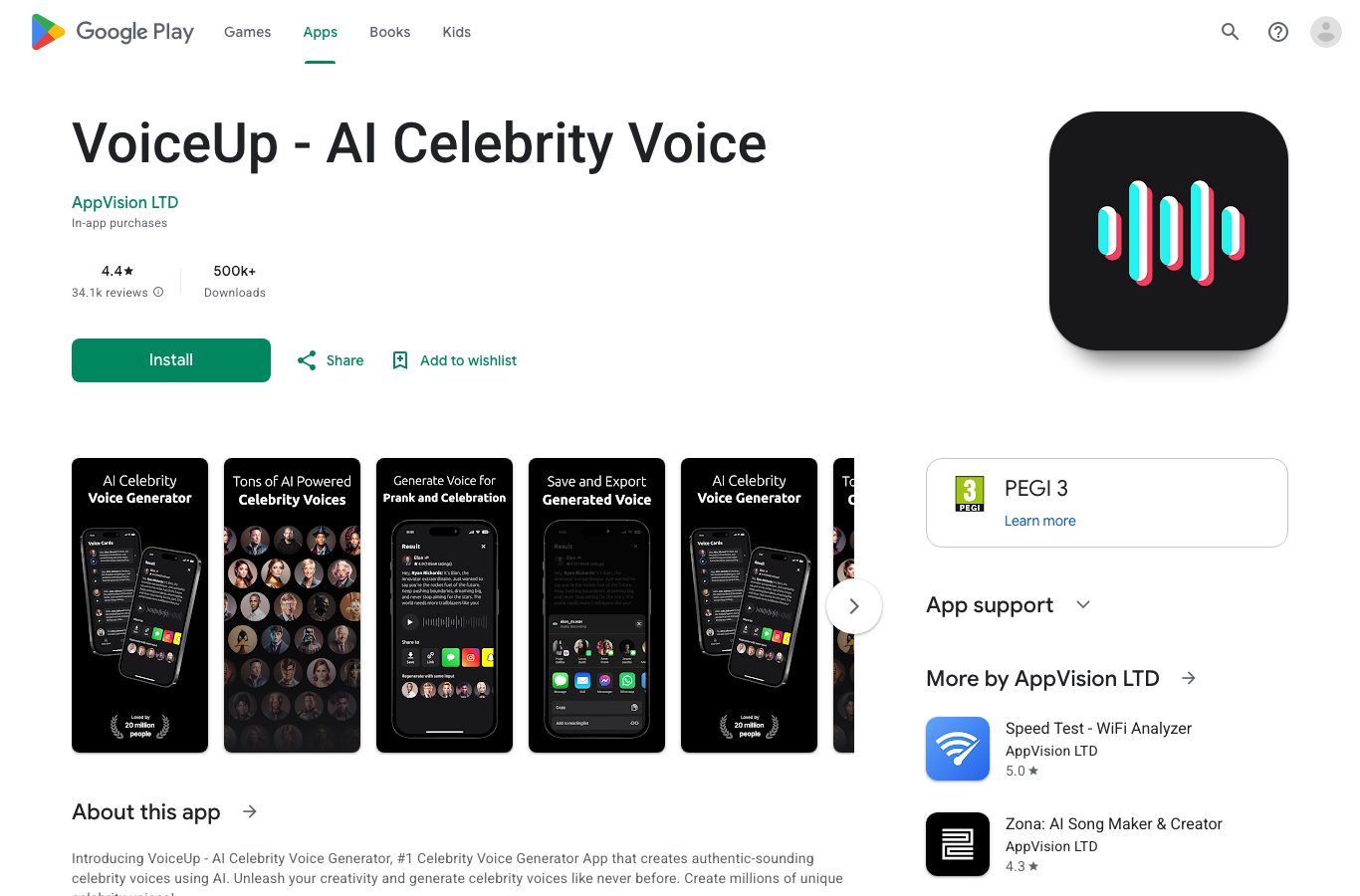 Capture of the VoiceUp AI Celebrity Voice Google Play listing: 500K+ downloads and in-app purchases