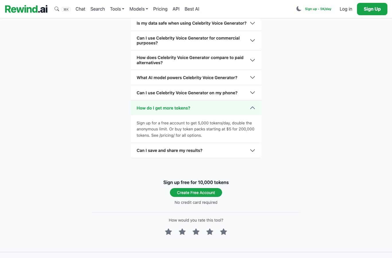 Capture of the Rewind.ai celebrity voice generator FAQ in English