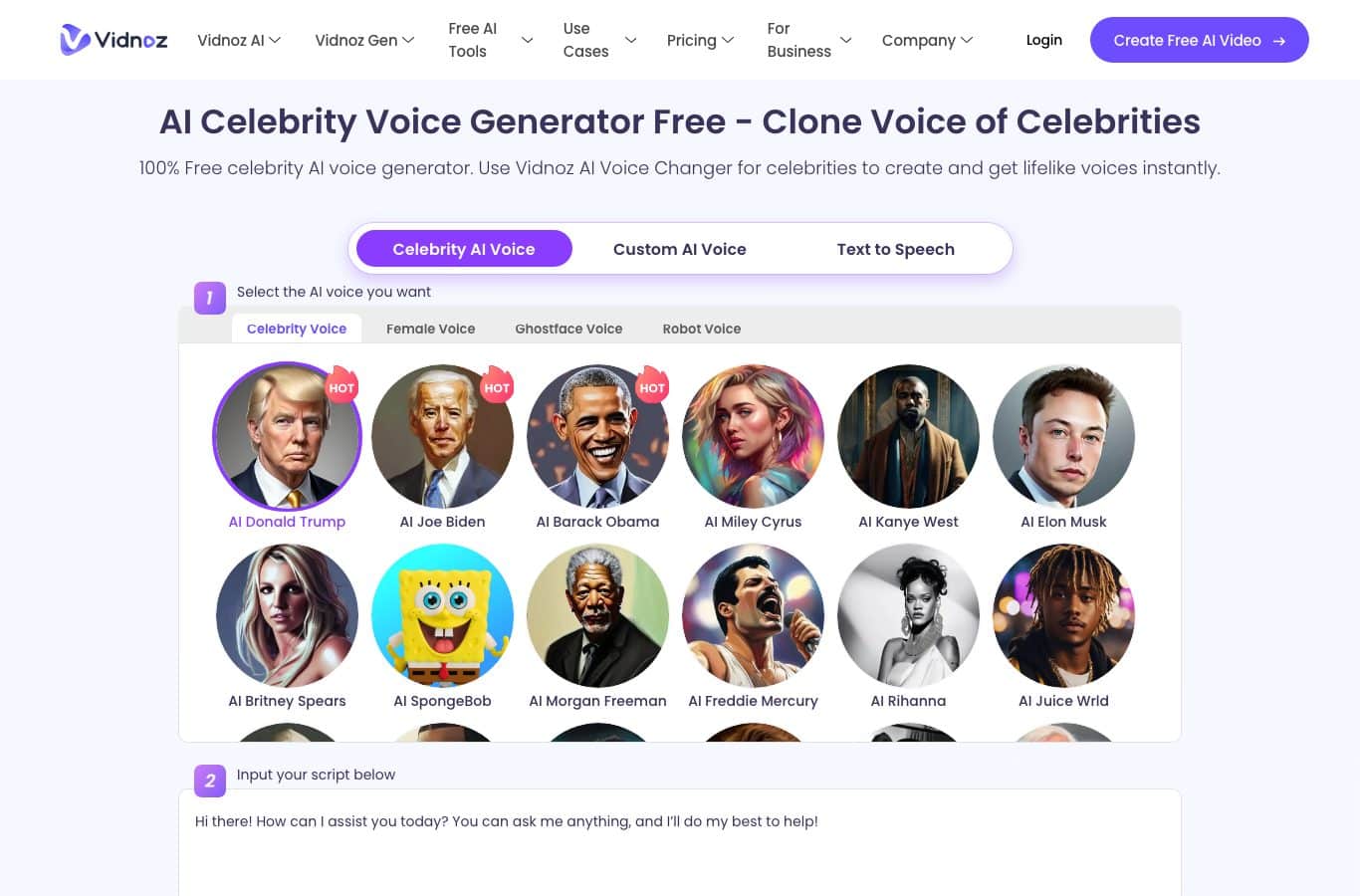 Capture of the Vidnoz celebrity voice selector in English: AI Donald Trump, AI Joe Biden, AI Morgan Freeman and others