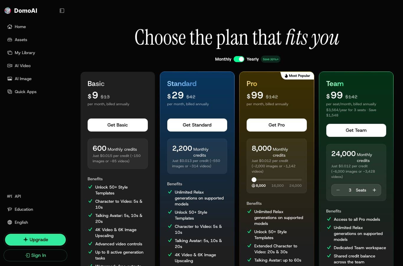 Capture of the DomoAI plans: Basic 9 dollars per month billed annually, Standard 29 dollars, Pro 99 dollars