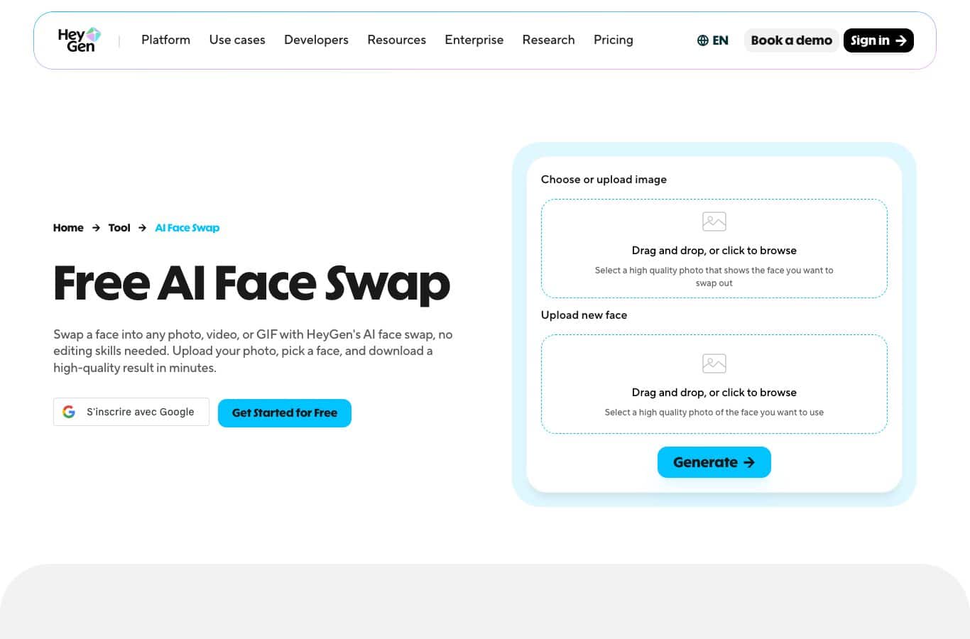Capture of the HeyGen tool: upload zones for the video and the new face