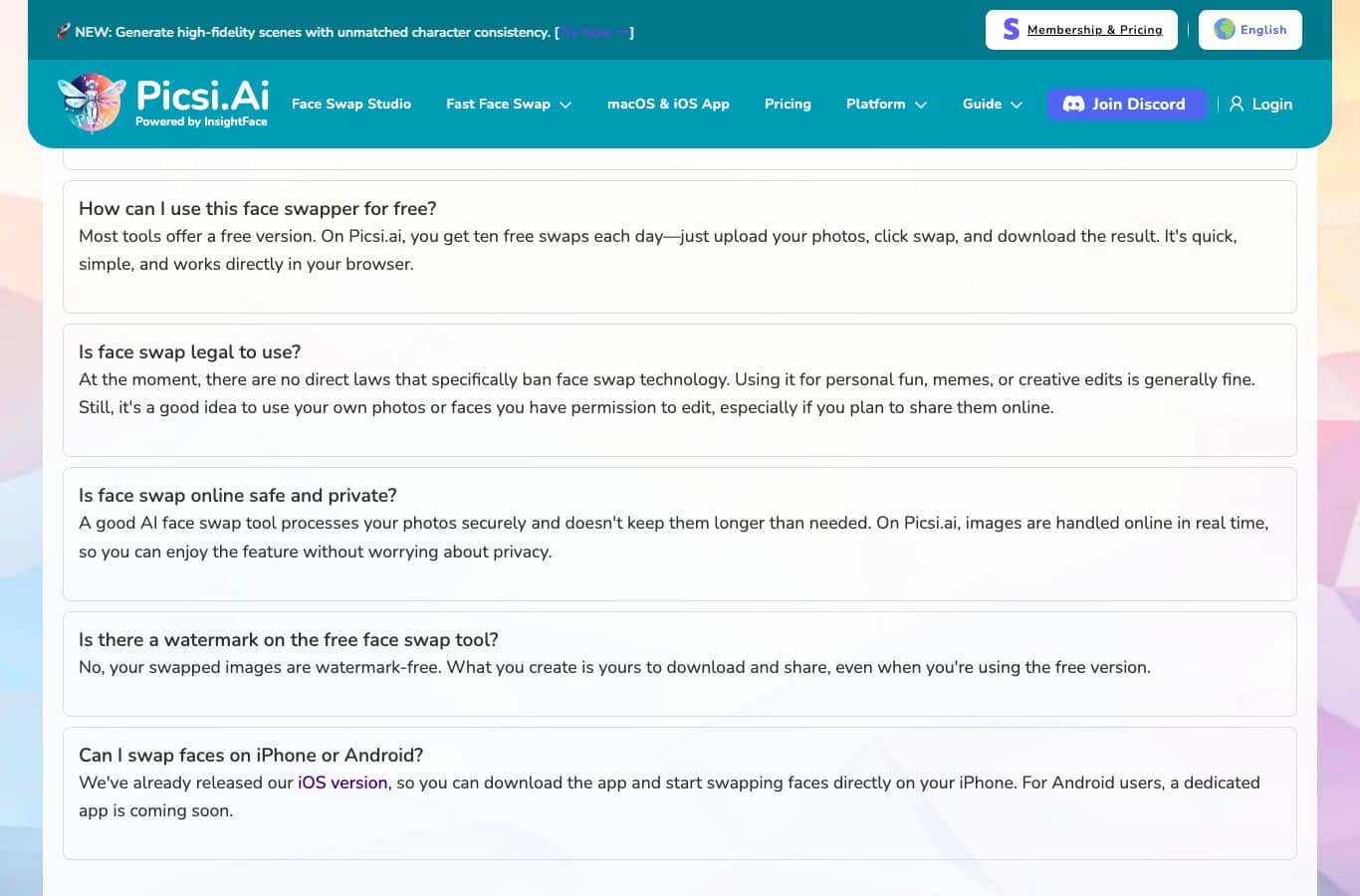 Capture of the Picsi.Ai FAQ: ten free swaps every day and the answer about legality