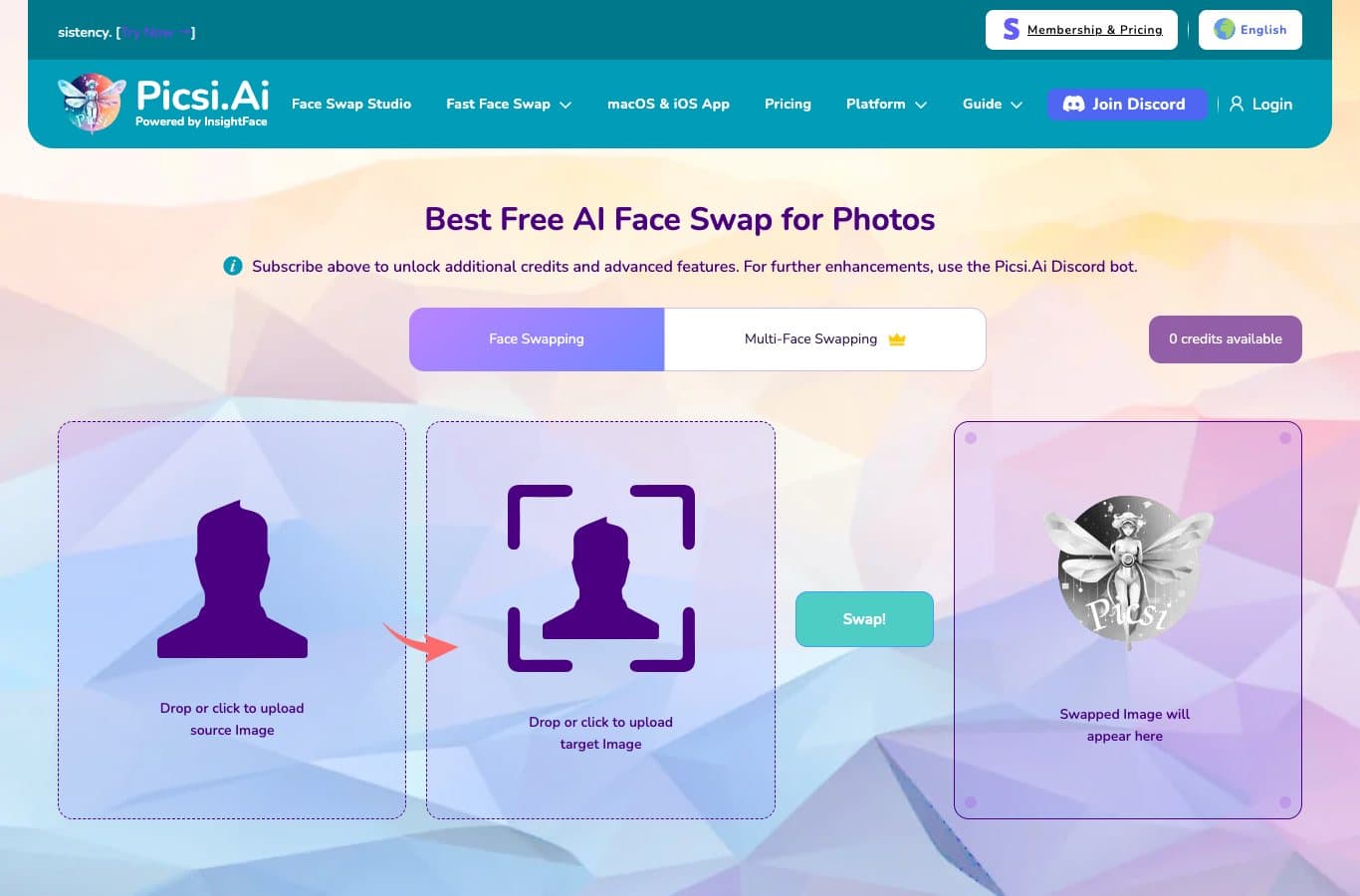 Capture of the Picsi.Ai studio: drop zones for the source and target images and a swap button