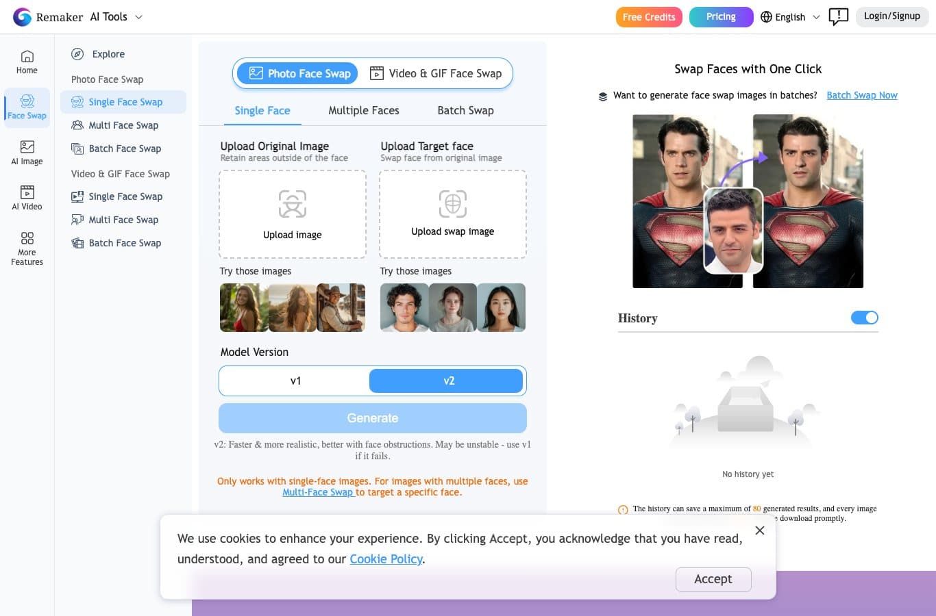 Capture of the Remaker FaceVary interface: single face swap, multiple faces and batch modes