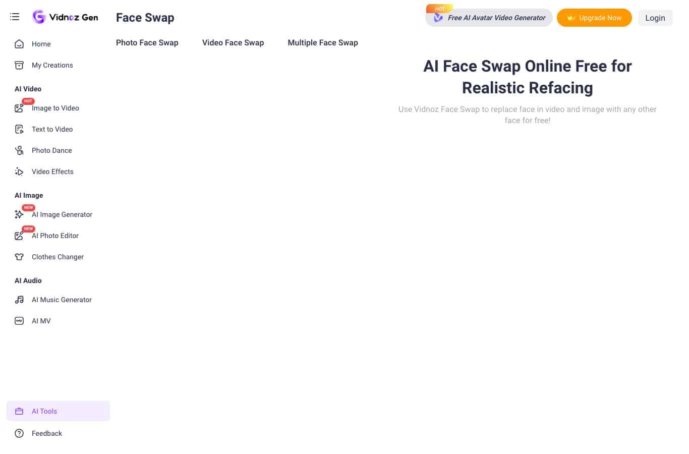 Capture of the Vidnoz Face Swap interface with photo, video and multiple face tabs