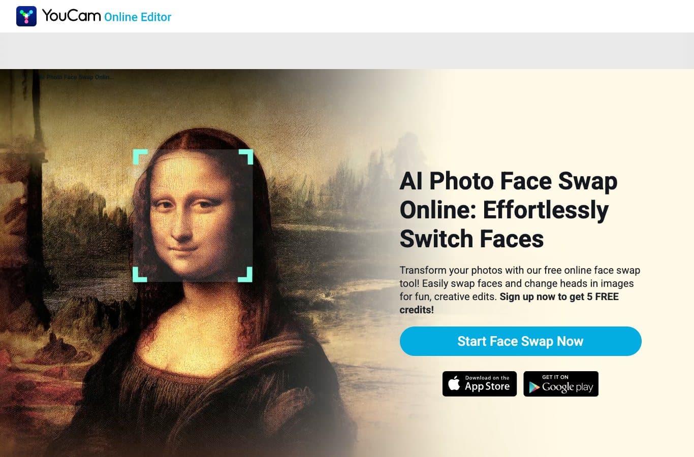 Capture of the YouCam page: free AI photo face swap with 5 free credits on sign up