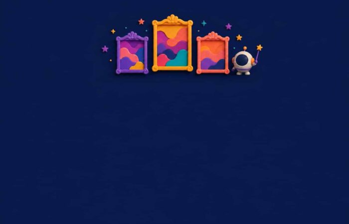 Three colorful image frames arranged like a podium, with a small robot holding a magic wand: a 3D illustration on a navy blue background