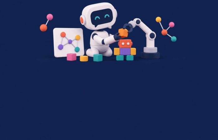 3D illustration of a robot assembling an AI agent from colorful blocks