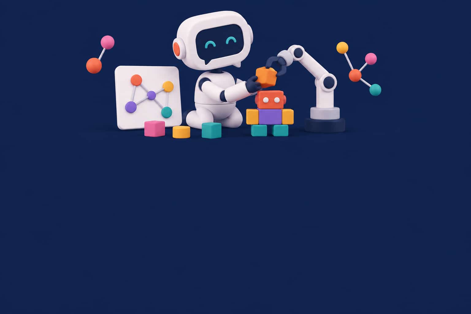 Illustration 3D : un robot assemble un agent IA à partir de blocs colorés
