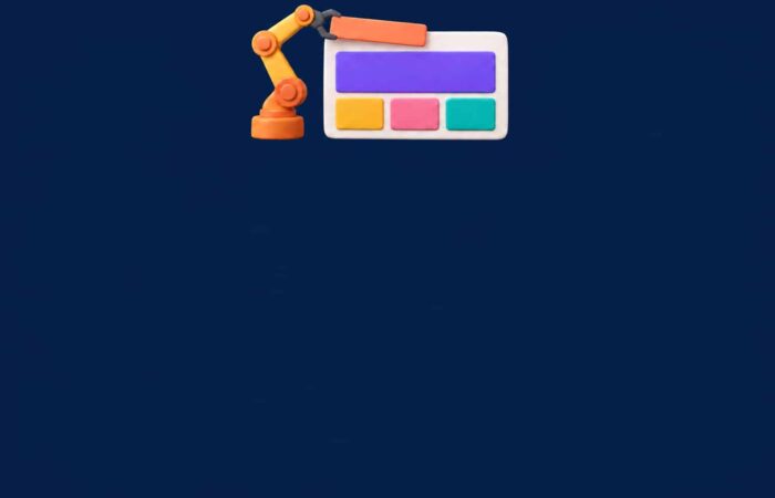 Creating a website with AI: colorful blocks form a page mockup inside a browser frame on a midnight blue background