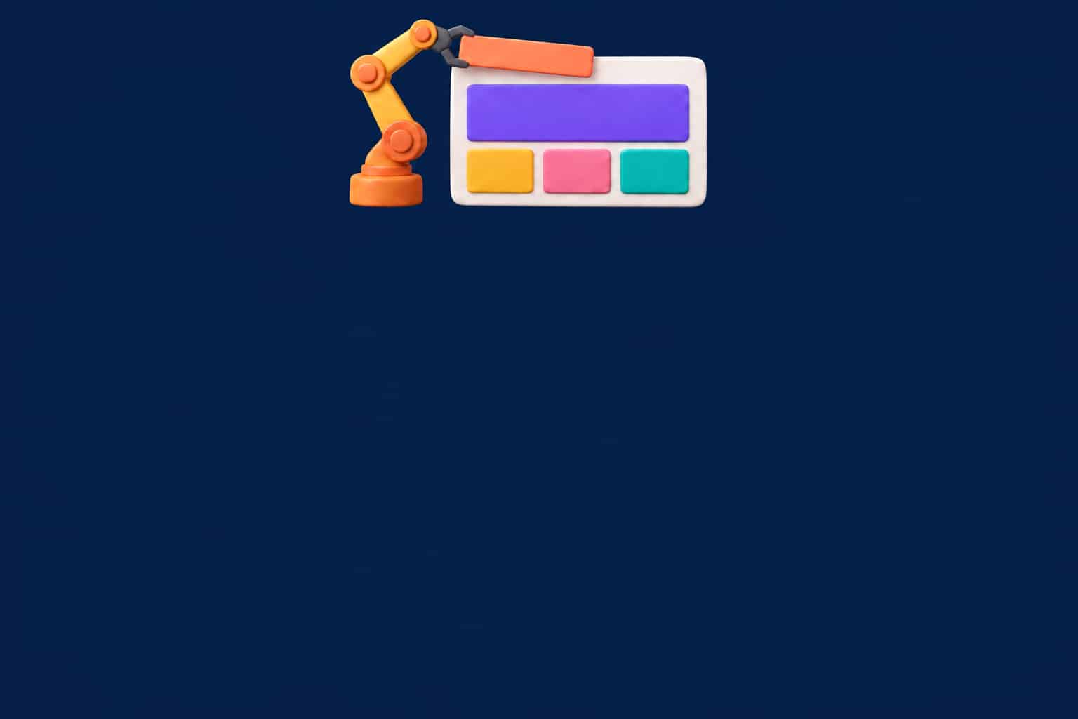 Création d’un site web par IA : des blocs colorés s’assemblent en une maquette de page dans un cadre de navigateur, sur fond bleu nuit